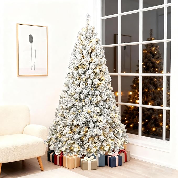 Kadunmina 5ft Pre-lit Artificial Christmas Tree, Hinged Snow Flocked Xmas Trees with 200 Incandescent Warm White Lights,551 Branch Tips and Metal Stand for Home,Office,Holiday Decor,Green & White