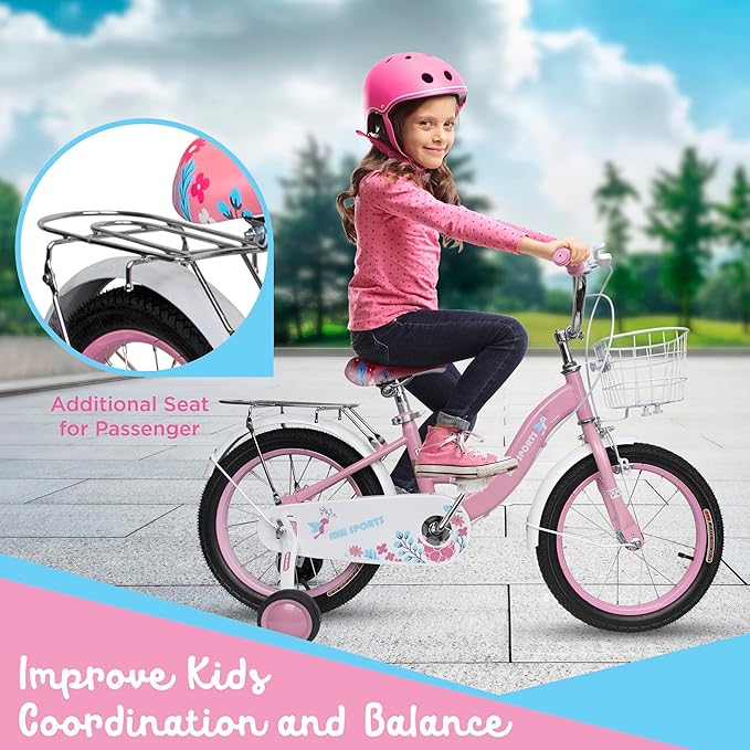 Slippery Racer MW Sports 16 inch Kids Bike with Removable Training Wheels, Hand Brakes and Back Relay Rack for Ages 4-6 Years.