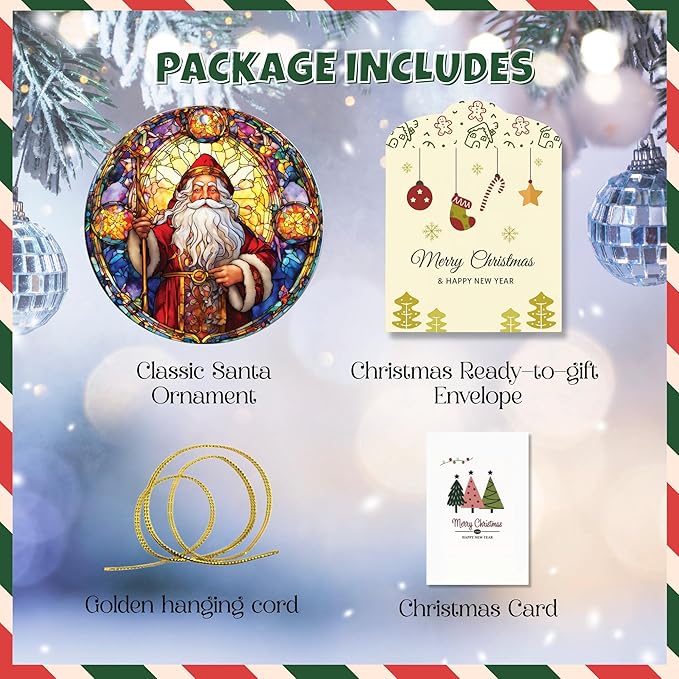 2025 Christmas Ornament – Vintage Cathedral Santa Stained Glass Acrylic Ornament, Navidad 2025 Tree Decoration, Religious Christmas Ornament for Classic Holiday Home Décor