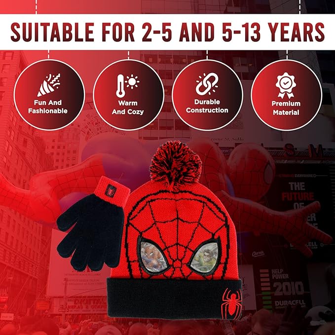 Marvel Spider-Man Kid’s Winter Hat and Snow Gloves for Boys and Toddlers, 2 Pc. Set, Pom-Pom Beanie with Warm Mittens