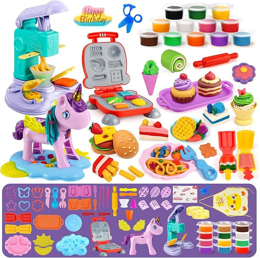 60 PCS 3 in 1 Dough Sets for Kids Ages 3-4-8, Art Crafts Dough Tools Kit, Unicorn Hair Stylist, Ice Cream Playset Hamburger Maker Machine, Kitchen Creations Food Play Toys Boys Girls