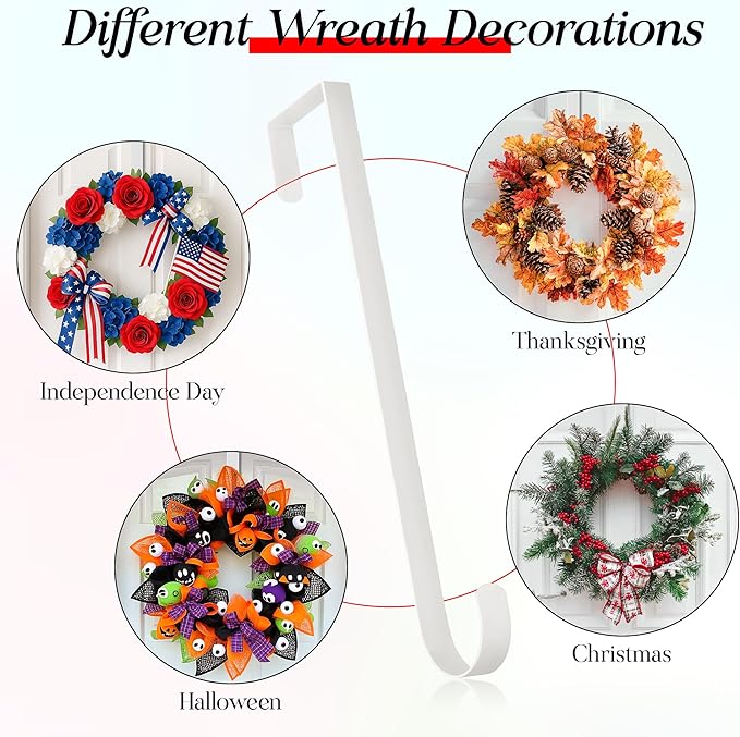 MCFULL 14 in Wreath Hangers for Front Door,Sturdy Metal Wreath Doors Hangers,Over The Door Hooks for Front Porch Decor,White Garland Hooks Holders for Halloween Christmas Decorations