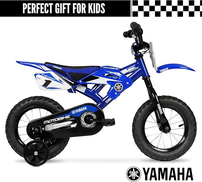 Yamaha 12 Inch Motocross Style Bike for Kids | Coaster Brake, Detachable Training Wheels | Safe Pedal Powered Bicycle for Kids Age 2-4 | for Boys & Girls