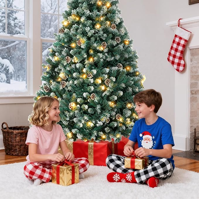 6FT Lighted Snow Christmas Tree, Partially Frosted Xmas Pine Tree with Pine Cones, White LED Lights, 800 PVC Branch Tips, Metal Stand and Hinged Branches for Home, Party Decoration