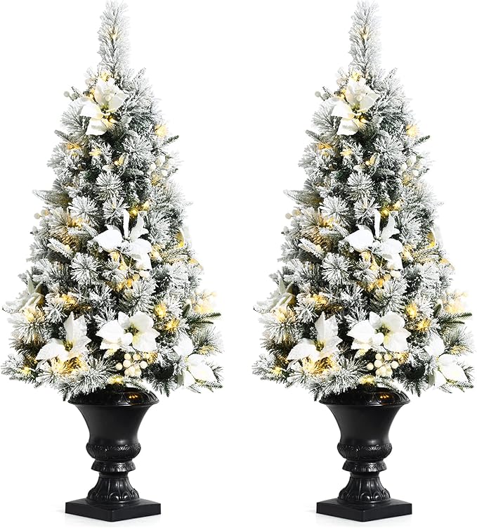 Goplus 4ft Flocked White Christmas Tree for Entrances, 2 Pack Pre-lit Artificial Xmas Tree w/Warm White 100 LED Lights, Flowers & White Berries in Black Urn Base, Porch Festival Holiday Decoration