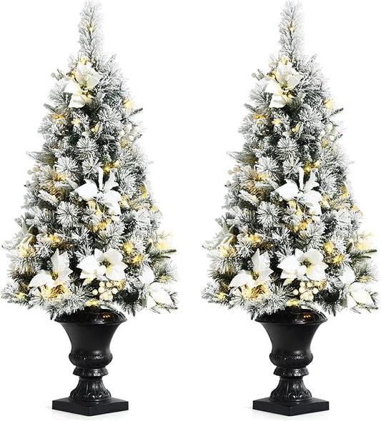 Goplus 4ft Flocked White Christmas Tree for Entrances, 2 Pack Pre-lit Artificial Xmas Tree w/Warm White 100 LED Lights, Flowers & White Berries in Black Urn Base, Porch Festival Holiday Decoration