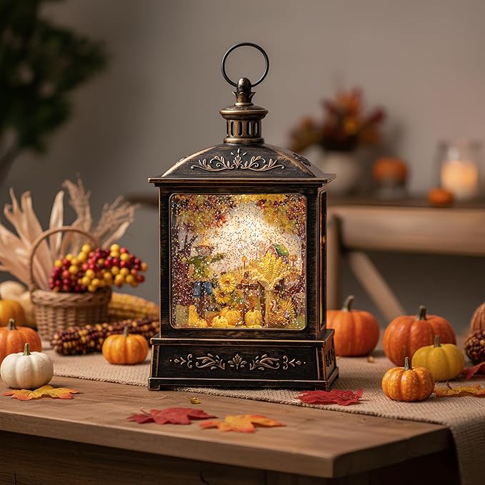 12.5'' Fall Snow Globe Lantern - Scarecrow and Turkey Lighted Water Lantern with Swirling Glitter Fall Decorations for Home, Thanksgiving, Autumn Harvest Fall Decor