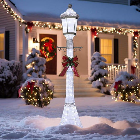 6FT Lighted Freestanding Lamp Post for Christmas Decoration, Pre-Lit Iridescent Post Lamp with 120 LED Lights & Removable Bow, Outdoor 3D Glittered Standing Festival Display, White
