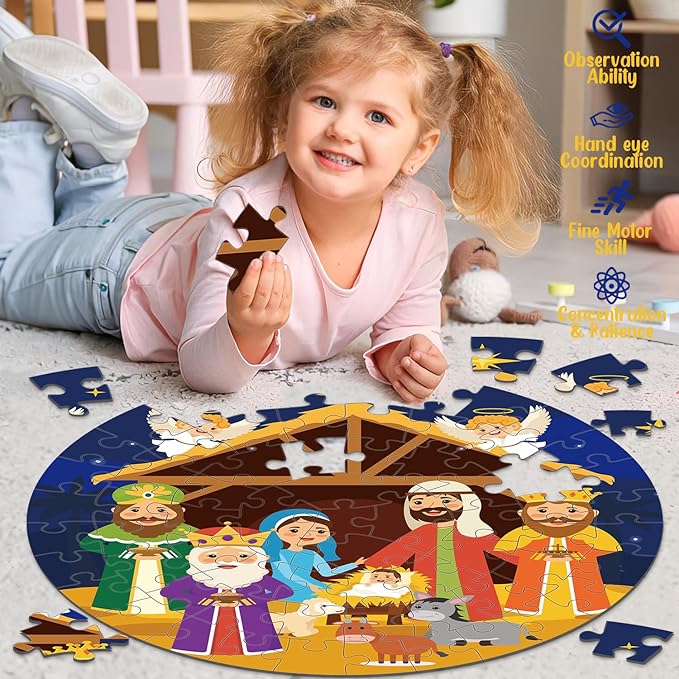Nativity Scene Floor Puzzles for Kids Age 4-8, 70pcs Large Christmas Nativity Jigsaw Puzzles Educational Kids Puzzles Ages 3-6 for Kids Boys Girls