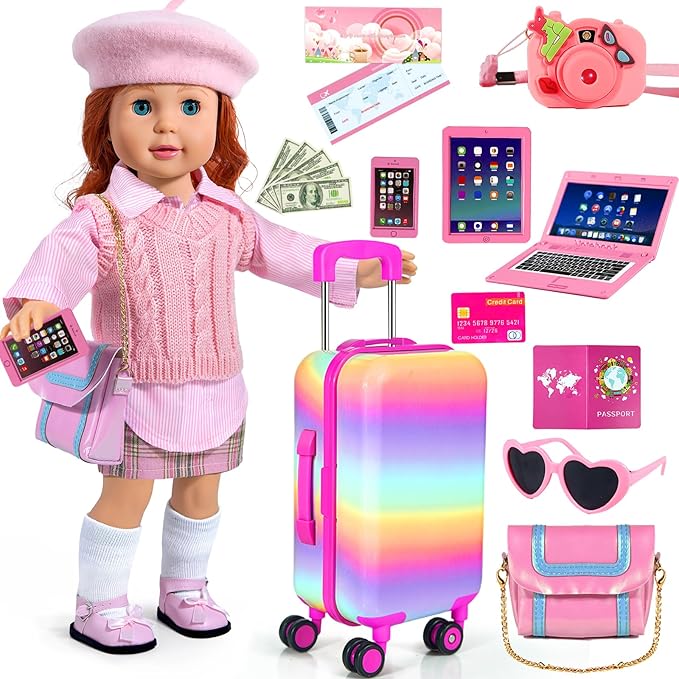 18-inch-Doll-Clothes and Accessories - Doll-Travel-Suitcase Luggage,Clothes and Shoes, Bag, Sunglasses, Camera, Passport, Notebook, Phone, pad Travel Gear Play Set Fit(No Doll)