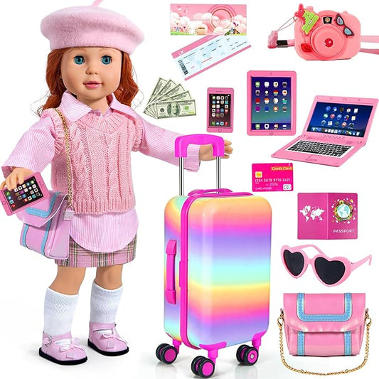18-inch-Doll-Clothes and Accessories - Doll-Travel-Suitcase Luggage,Clothes and Shoes, Bag, Sunglasses, Camera, Passport, Notebook, Phone, pad Travel Gear Play Set Fit(No Doll)