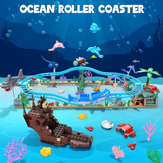 Ocean Roller Coaster Adventure Park Building Set, Friends Blocks Kit with Submarine & Dolphins Railcar Rollercoaster, Gift for Kids Birthday Children's Day Christmas