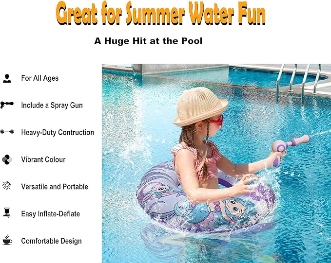 Inflatable Pool Float with Water Gun, Floaties for Adults Teens and Kids, Pool Toys for Kids Ages 8-12, Beach Inner Pool Tubes for Floating, Summer Fun Pool Party Swim Ring