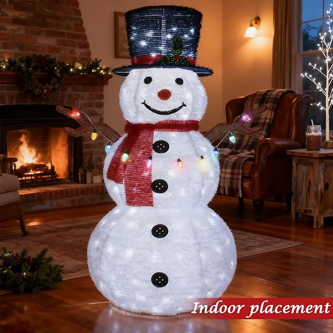 HOYECHI 5ft Lighted Pop-Up Snowman - Large White Outdoor Christmas Decoration with 200 LED Lights, Hat, Scarf, 10 Multicolored Lights, Holiday Ornaments for Home, Lawn and Front Yard