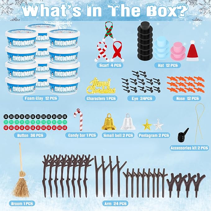 12 Pack Christmas Craft, DIY Snowman Kit for Kids, Build a Snowman Kit Indoor Decorations, Creative Kids Air Dry Modeling Clay, Xmas Activities Snowman Making Kit Toys for Holiday Favor Supplies
