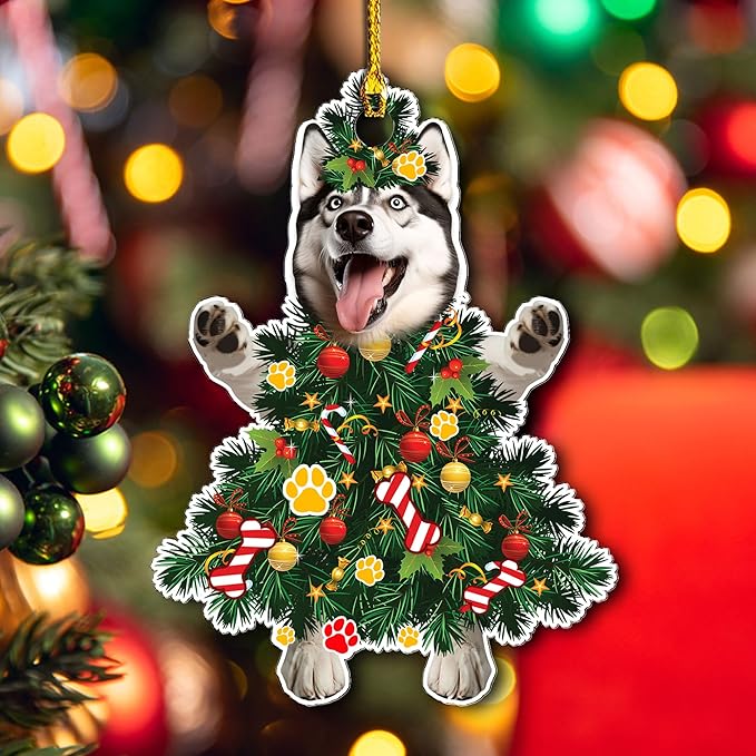 2025 Husky Dog Christmas Ornament - Adorable Dog Dressed as a Christmas Tree - Fun and Festive Acrylic Decoration (Husky Xmas Tree)