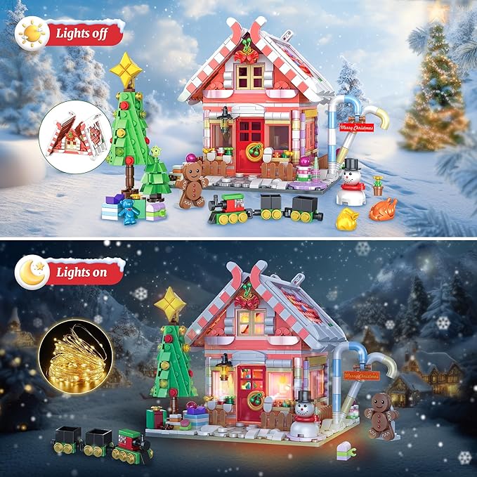 Gingerbread House Building Blocks for Girls Age 8-12 with LED Lights, Dark Pink Christmas Village House Blocks Set with Christmas Tree and Train, 1288 Pcs
