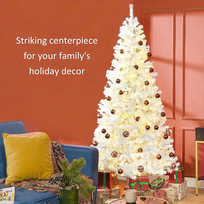 HOMCOM 7.5' Tall Prelit Christmas Tree Douglas Fir Artificial Christmas Tree with Realistic Branches, 500 Warm White LED Lights and 1346 Tips, White