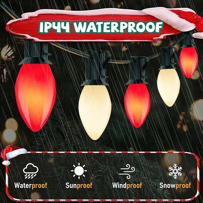 C7 LED Red and White Christmas Lights, 25Ft Outdoor Christmas Decorations Light with 27 Shatterproof LED Bulbs, Hanging Vintage Christmas Lights for Christmas Tree Roofline Holiday Party Backyard