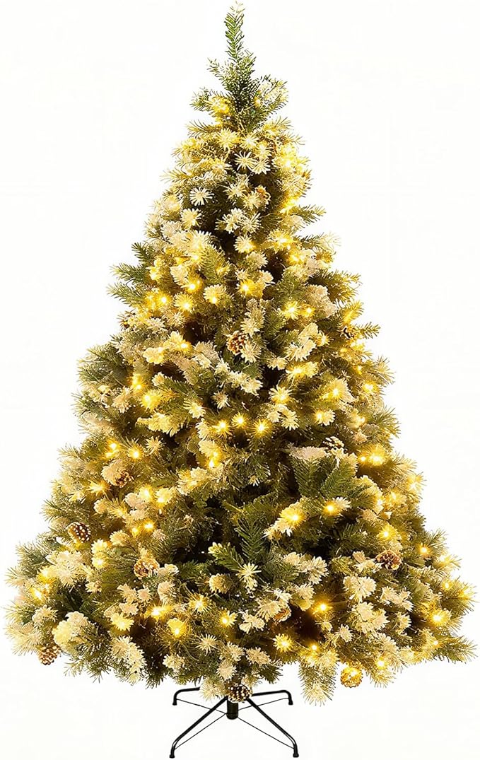 Beyond Prelit 7FT Artificial Christmas Tree with 250 LED Warm White Lights, Hinged Green Christmas Tree with 1100 Branch Tips and Pinecone, Xmas Tree with Metal Stand for Home, Party Decoration, Green
