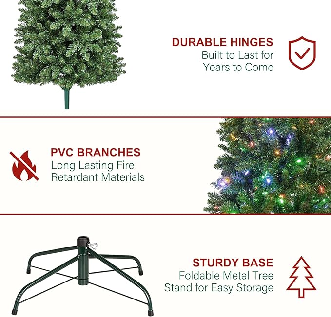 Hykolity 7.5 ft Prelit Pencil Slim Christmas Tree, 792 Branch Tips, 300 Color Changing LED Lights for Decoration, Metal Stand and Hinged Branches, 10 Color Modes