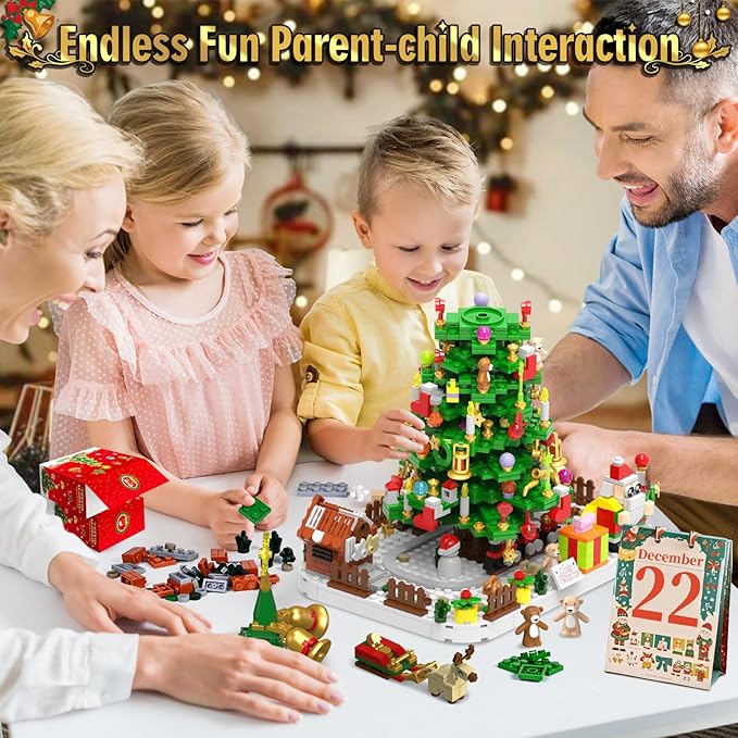 Advent Calendar 2025 Adult, 1088 Pieces Christmas Tree Building Kit with Led Light, 24 Days Christmas Countdown Christmas Tree Building Toy Set, Ideal Xmas Gift Toy for Teen Boy