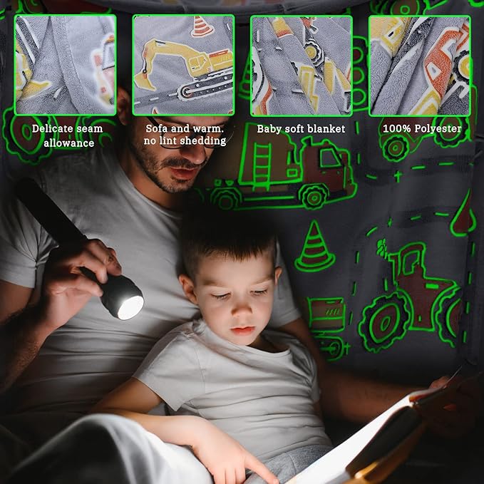 Glow in The Dark Blanket Boys Gifts for Kids Fuzzy Cozy Warm Soft Fleece Glowing Tractor Blankets for Bed Sofa Couch Unique Gifts Construction Truck Throw Blanket for Boys Teens 50"×60"