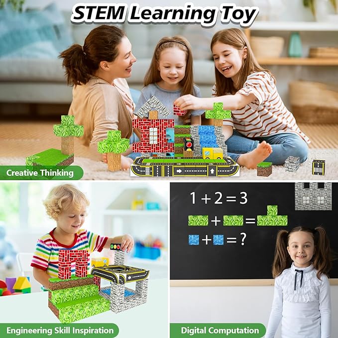 200PCS Magnetic Building Blocks for Kids Ages 4-8,Magnet STEM Sensory Toys-Tiles Road Track, Mine World Build Set, Christmas Birthday Gifts Toy