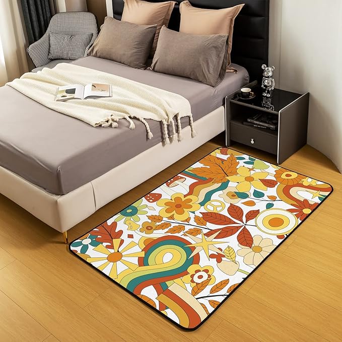 70S Groovy Hippie Flower Area Rug Girls Boho Rainbow Leaves Mushroom Pumpkin Flowers Carpet 4x5,Vintage Wavy Floral Decorative Rug Aesthetic Psychedelic Funky Non Slip Rug for Bedside