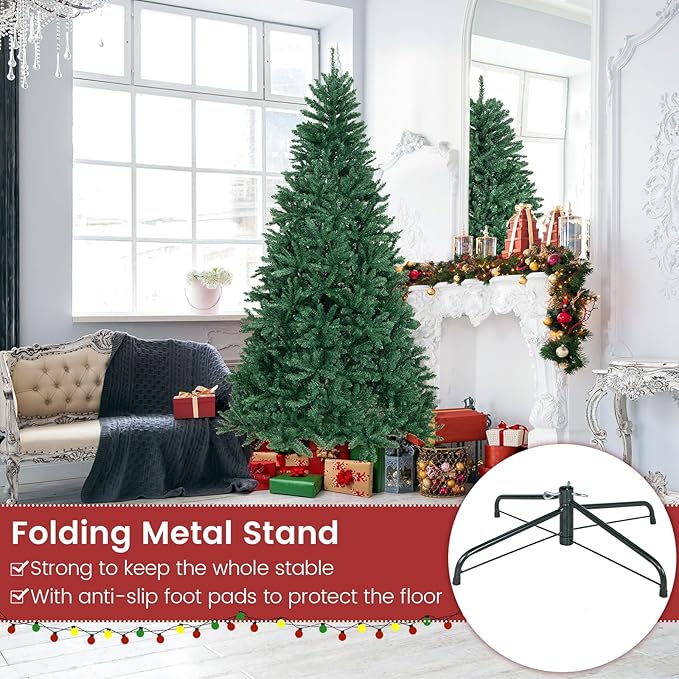 GOFLAME 7.5 FT Artificial Christmas Tree, Hinged Xmas Tree with 2254 PVC Branch Tips and Folding Metal Stand, Lifelike Christmas Decoration Tree for Home, Office, School, Easy Setup, Green