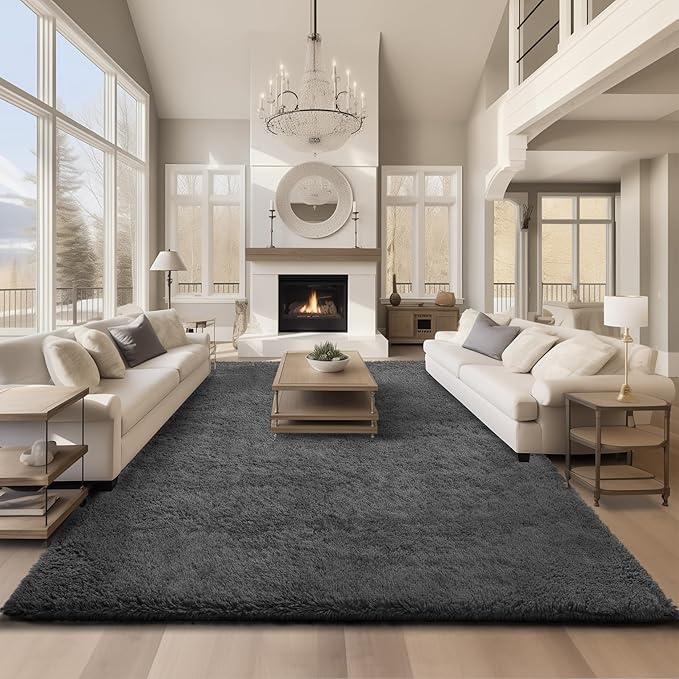 Ophanie Area Rugs 9x12 Living Room, Large Grey Bedroom Carpet, Big Shag Indoor Thick Soft Nursery Rug, Gray Fluffy Carpets for Boy and Girls Room Dorm Home Decor Aesthetic