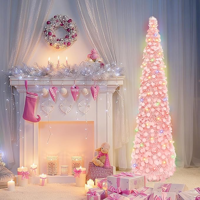 5FT Collapsible Christmas Trees with 90 Lights, Pink Artificial Sequin Pop Up Christmas Tree, Tinsel Slim Pencil Christmas Tree for Home Holiday Fireplace Party Indoor Outdoor Xmas Decorations