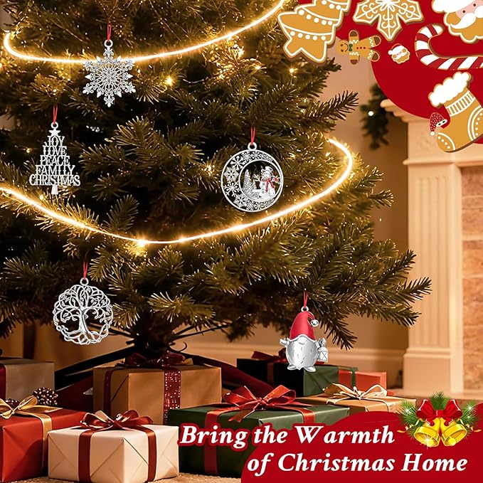 Metal Snow Christmas Tree Ornaments 2025 - Pewter Plated Vintage Style Holiday Ornament with Hanging Cord