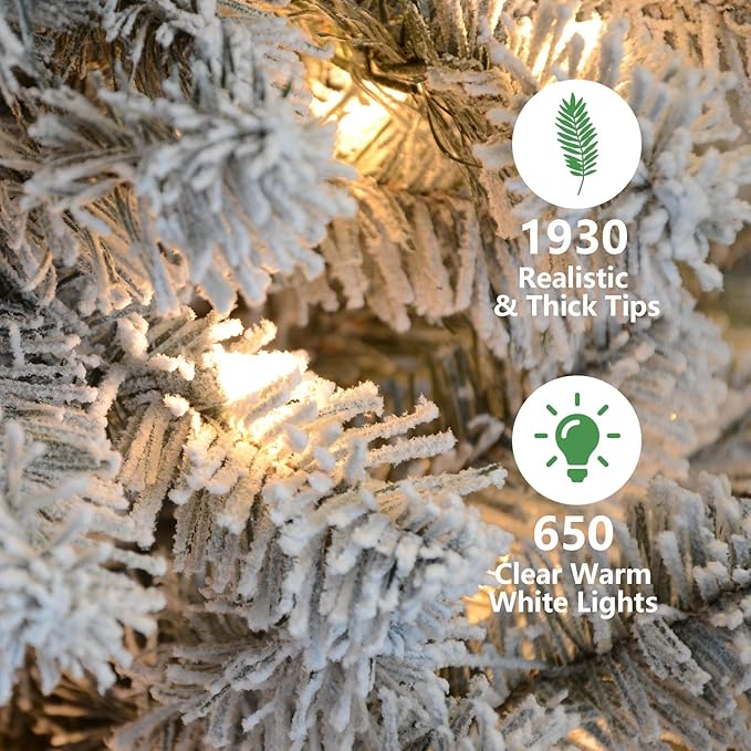 9ft Per-Lit Snow Flocked Christmas Tree, Artificial Christmas Tree with 650 Warm White Lights,1930 Branch Tips, Premium Green Full Xmas Tree for Easy Holiday Setup, Foldable Metal Base