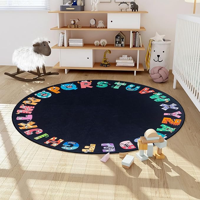 ABC Alphabet Rug for Kids,Classroom Playmat 6ft Non-Slip Circle Rugs for playroom, Round Area Rug for Elementary Classroom, Play Carpet for Boys Girls Bedrooms Playroom,Nursery Rugs-Black
