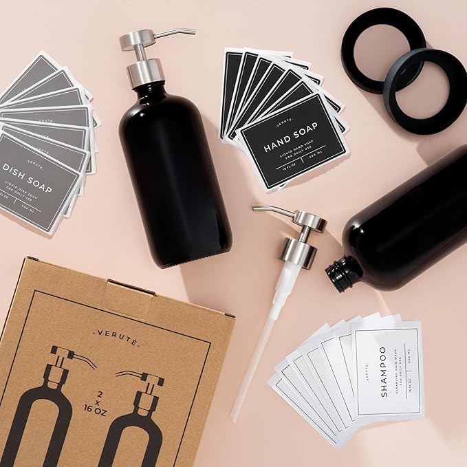 16oz Glass Soap Dispenser with Stainless Steel Pump, 21 Waterproof Labels, Non-Slip Protective Silicone Pad, Set of 2 for Bathroom & Kitchen (Gloss Black Bottle/Brushed Silver Pump)