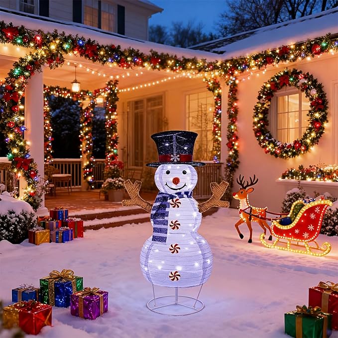 Juegoal Lighted Christmas Decorations, 3.5FT Outdoor 3D Collapsible White Snowman with Built-in LED Lights, Pre-Lit Pop Up Xmas Snowman, Light Up for Holiday New Year Winter Garden Decor