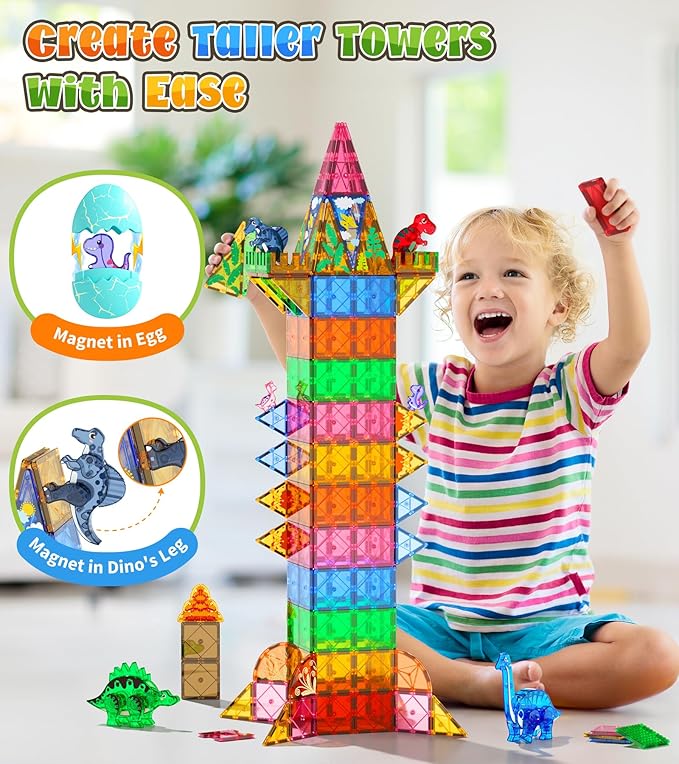 Dinosaur Toys Magnetic Tiles Set - 2 Eggs, 2 Baby Dinos & 5 Large Dinosaurs for Kids 3-5, 105pcs Magnetic Building Blocks for Toddlers 1-3 4-8，Magnet Tiles Educational Toy for Boys Girls