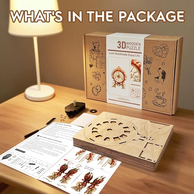 3D Puzzles for Adults Clock-Flame Flower Design Model Kit-Mechanical DIY Pendulum Clock with Roman Numerals-Desk Home Office Decor Personalized Gift for DIY Lovers