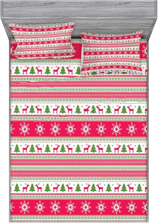Ambesonne Nordic Fitted Sheet & Pillow Sham Set, Classical Reindeers Snowflakes Trees Christmas Pattern Needlework Design, Decorative Printed 3 Piece Bedding Decor Set, Queen, Pink Lime Green White