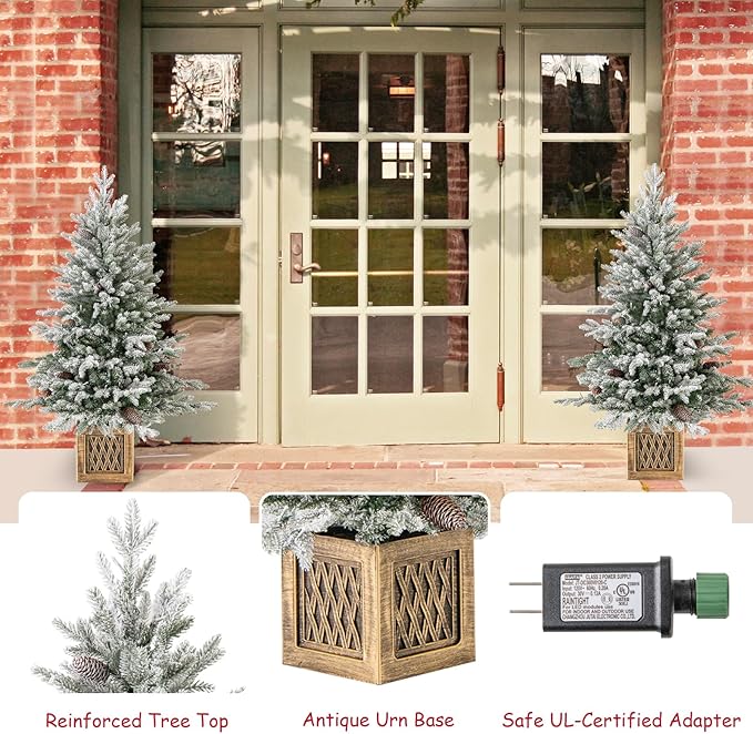 Goplus 4 FT Pre-lit Entrance Christmas Tree, 2 Pack Artificial Snow Flocked Xmas Tree with 231 Branch Tips, 100 LED Lights, 15 Pine Cones & Vintage Base, for Home Office Decor