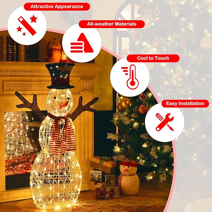 Tangkula Christmas Outdoor Lighted Snowman Yard Xmas Decorations with Pre-Lit 80 LED Lights Artificial Christmas Décor with Ground Stakes and Zip Ties Indoor/Outdoor Holiday Decoration