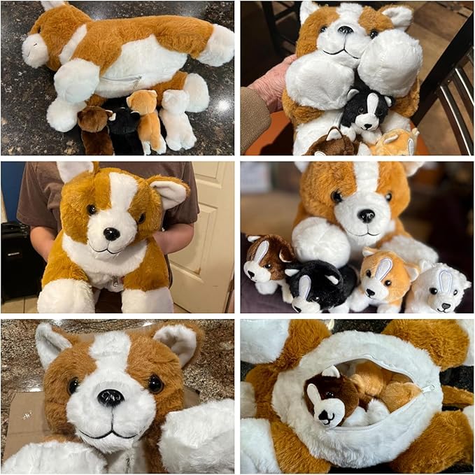 5 Pcs Corgi Stuffed Animal with 4 Babies Puppy Inside Big Mommy Dog Stuffed Animals in Zipper Belly Pouch, Cute Stuffed Corgi Plush Gifts for Kids Boys Girls Birthday Christmas Easter Stuffers Gifts