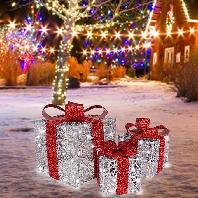 Lighted Gift Box Set of 3, Silver Boxes with Red Bow, Prelit 60 White Lights Present Boxes Lighted Display with Plug Home Porch Outdoor Yard Christmas Decorations-Red