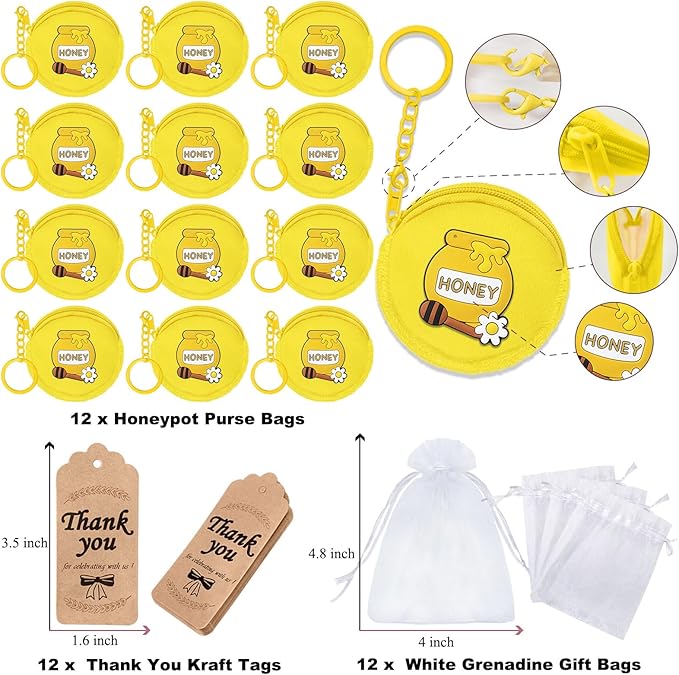 36 Pack Bee Themed Change Purses Set Include 12 Honey Pot Wallets with Keyring, 12 Thank You Tags and 12 Organza Bags for Bumble Bee Baby to Bee Birthday Baby Shower Decor,Yellow