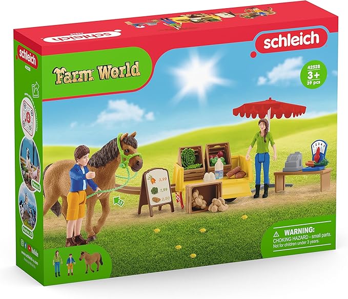 Schleich Farm World — Sunny Day Mobile Farm Stand Playset, Farm Play Set with Farmer Dolls, Horse and Mobile Produce Stand, Farm Animal Toys for Kids Ages 3+