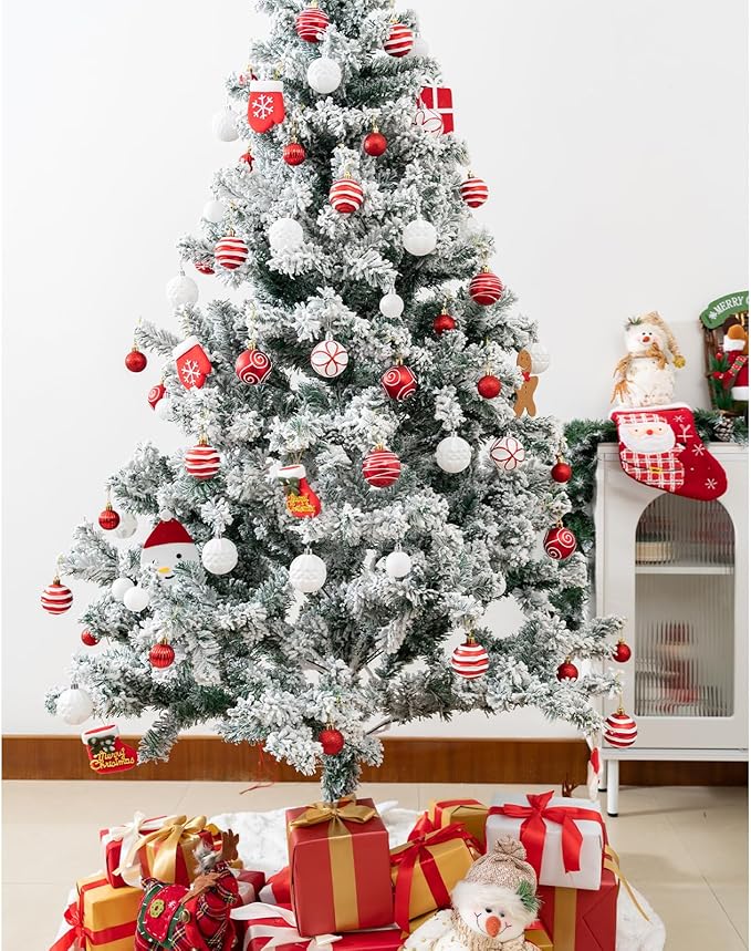 100Pcs Christmas Ball Ornaments Set, Shatterproof Plastic Red and White Christmas Ornaments for Xmas Tree, Assorted Baubles Hanging Decorations for Holiday/Party/Wedding