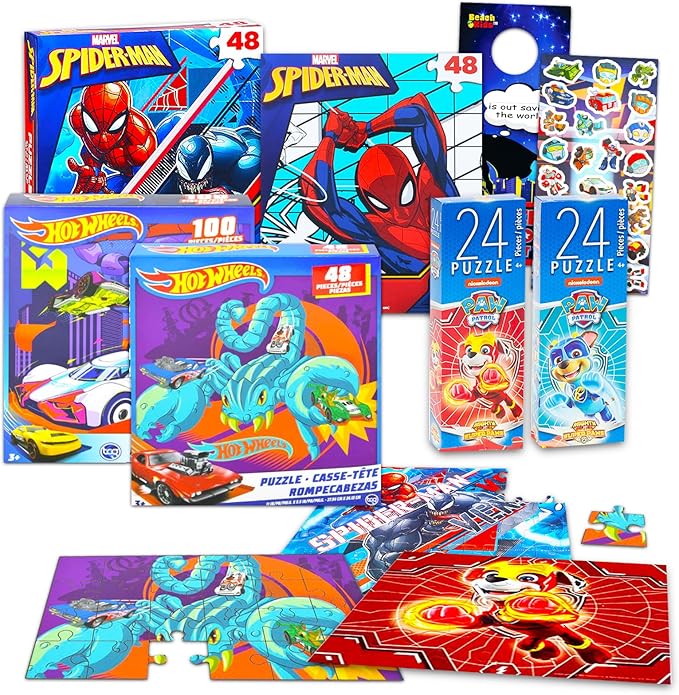 Spiderman, Hot Wheels, and Paw Patrol Puzzle Set - Bundle of 6 Jigsaw Puzzles for Kids Ages 4-8 | 24/48 Piece Games for Kids and Toddlers