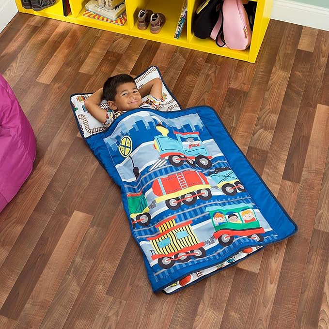EVERYDAY KIDS Toddler Nap Mat with Removable Pillow -Choo Choo Train- Carry Handle with Fastening Straps Closure, Rollup Design, Soft Microfiber for Preschool, Daycare, Sleeping Bag - Ages 2-6 Years