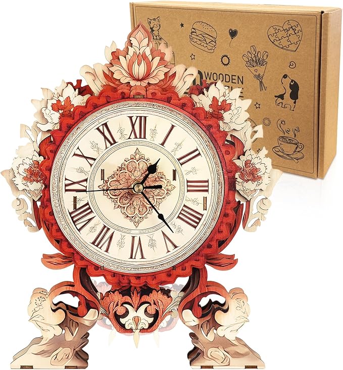 3D Puzzles for Adults Clock-Flame Flower Design Model Kit-Mechanical DIY Pendulum Clock with Roman Numerals-Desk Home Office Decor Personalized Gift for DIY Lovers